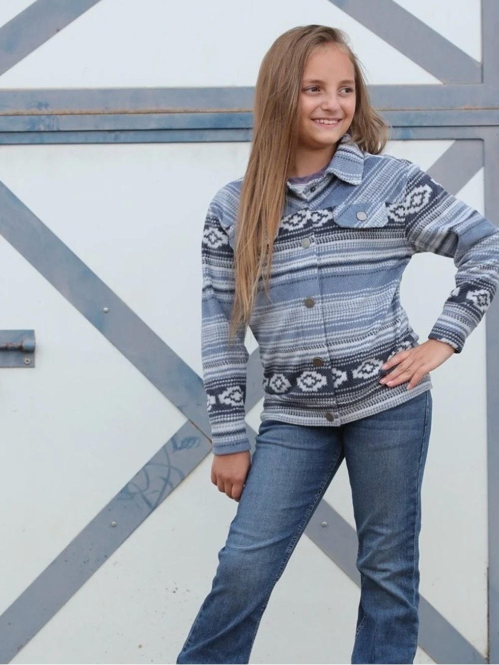 Cruel Girl Blue & Gray Aztec Patterned Button-Down Jacket
